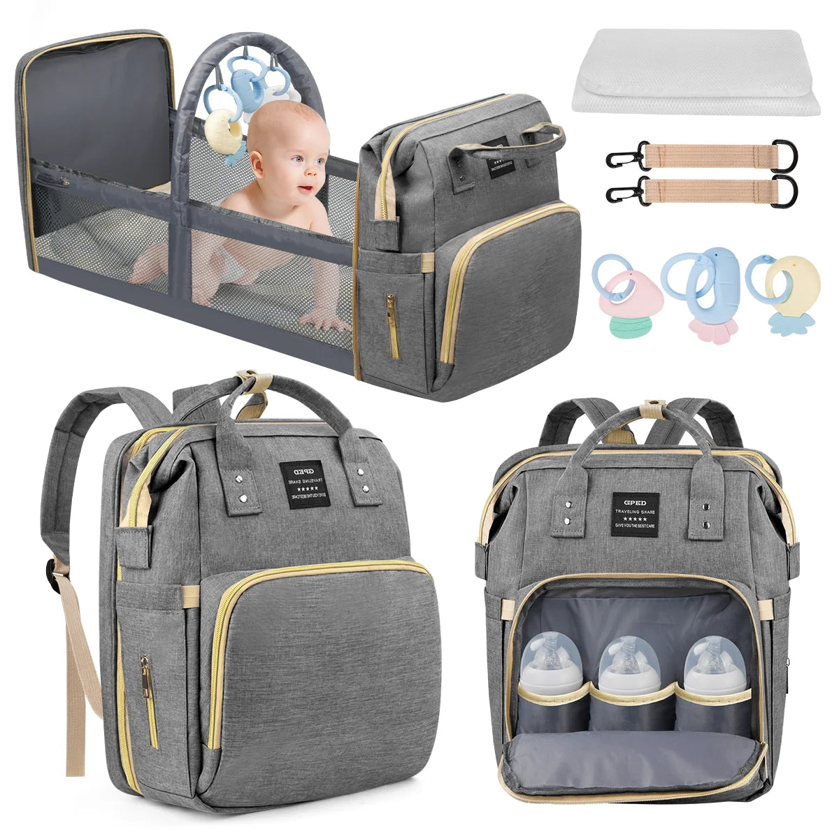 Multifunctional Baby Diaper Bag with Changing Station & Foldable Crib