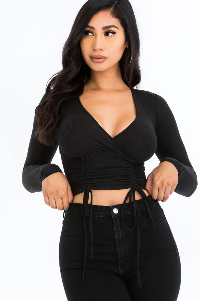 Ribbed Drawstring Long Sleeve Crop Top