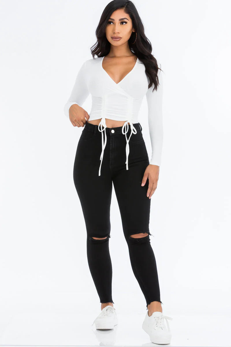 Ribbed Drawstring Long Sleeve Crop Top