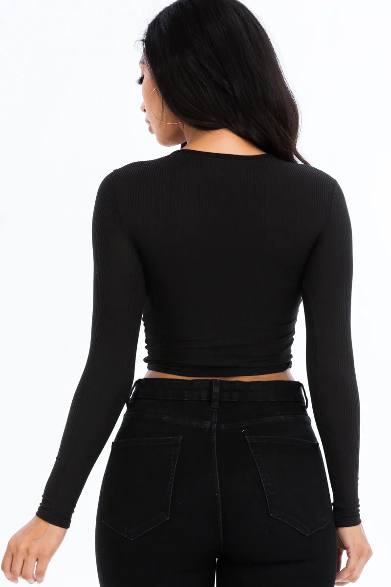Ribbed Drawstring Long Sleeve Crop Top