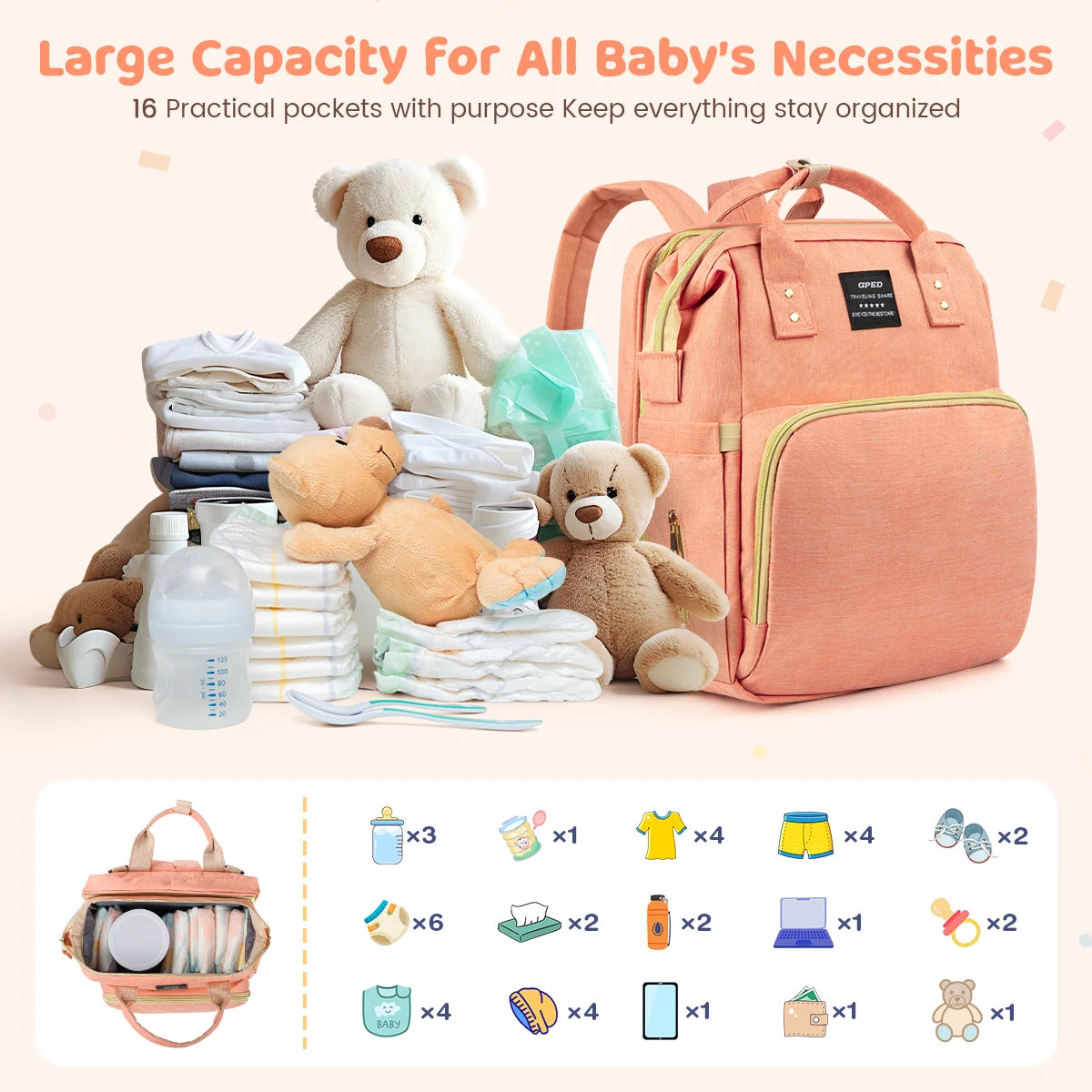 Multifunctional Baby Diaper Bag with Changing Station & Foldable Crib
