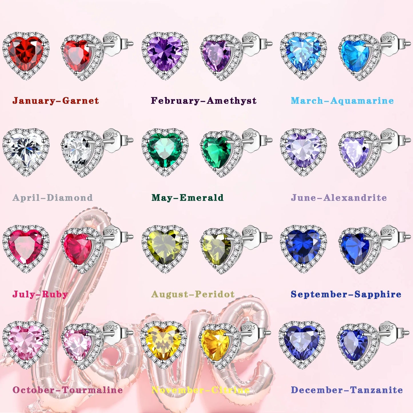Women's Sterling Silver Birthstone Heart Stud Earrings