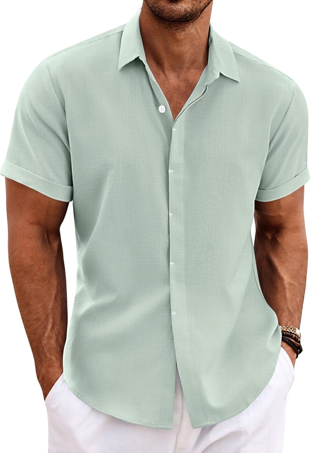 Men's Casual Button down Linen Shirt - Short Sleeve