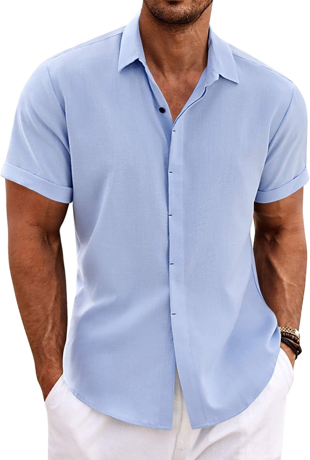 Men's Casual Button down Linen Shirt - Short Sleeve