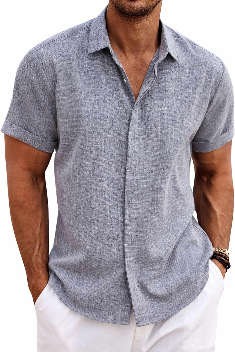 Men's Casual Button down Linen Shirt - Short Sleeve