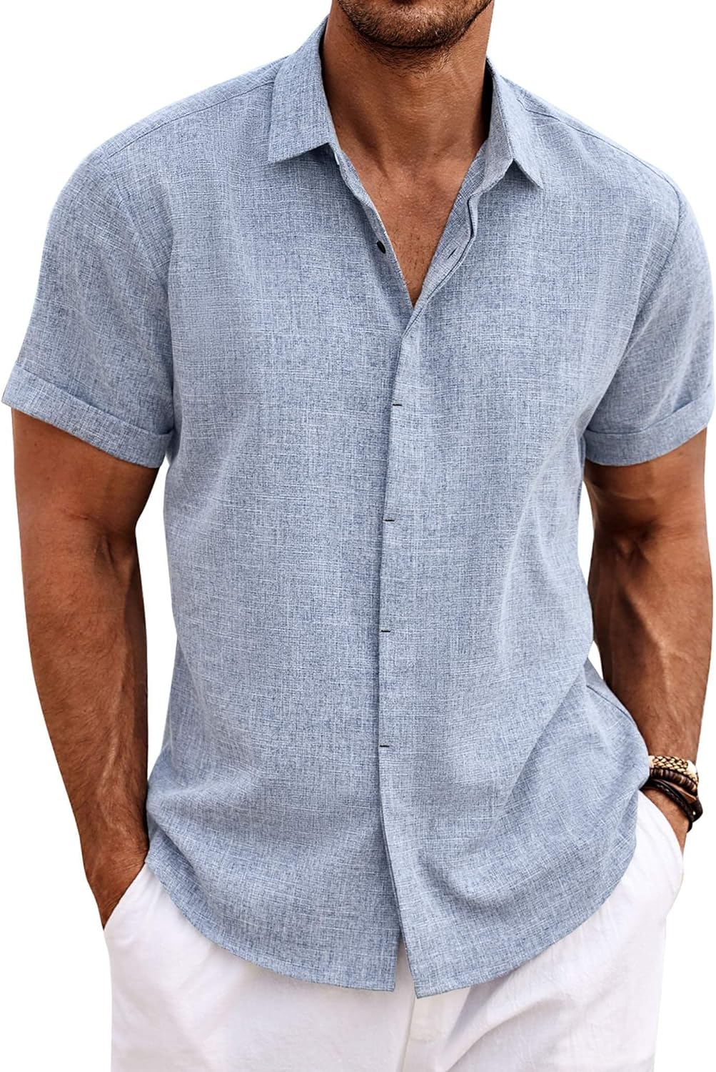 Men's Casual Button down Linen Shirt - Short Sleeve