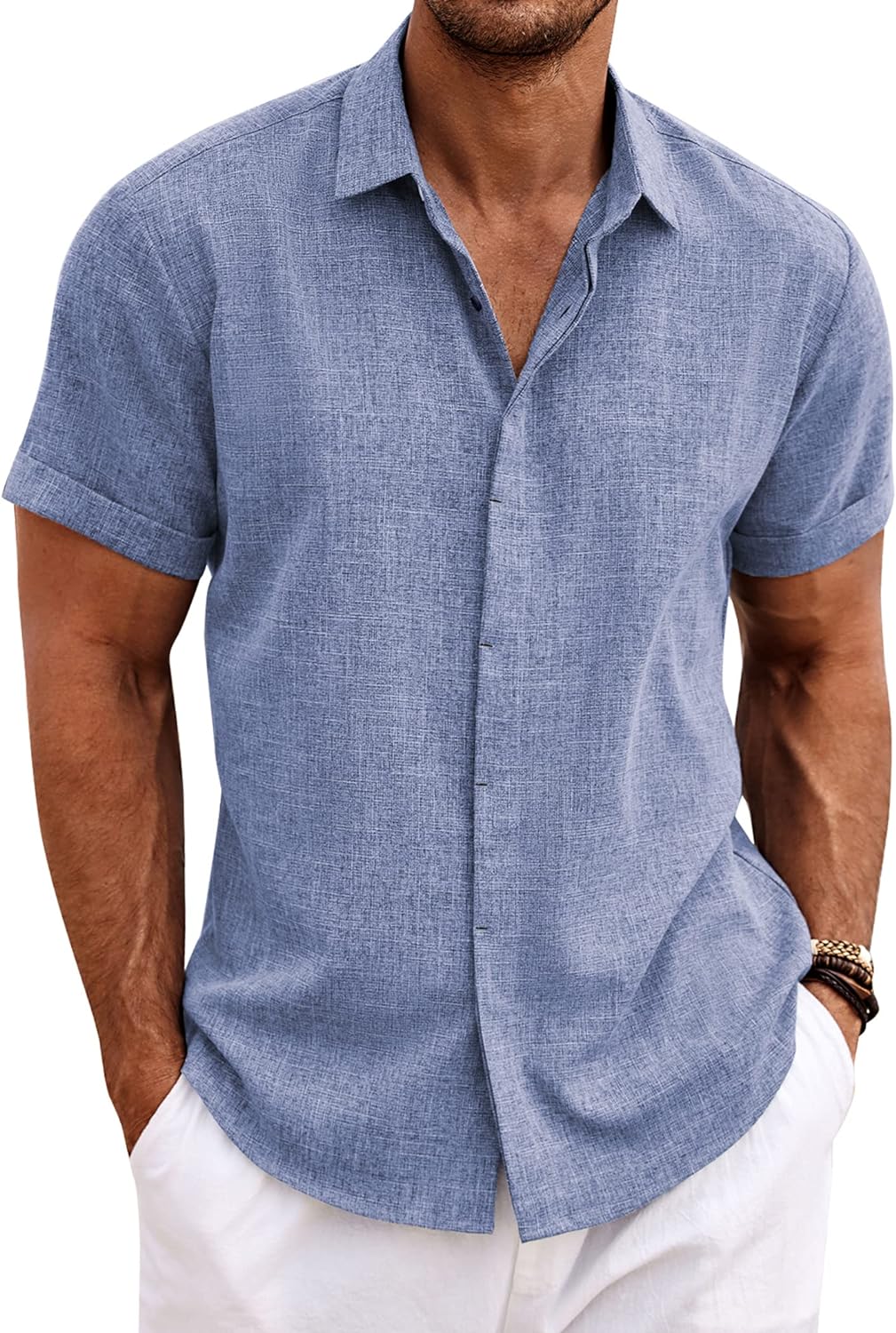 Men's Casual Button down Linen Shirt - Short Sleeve
