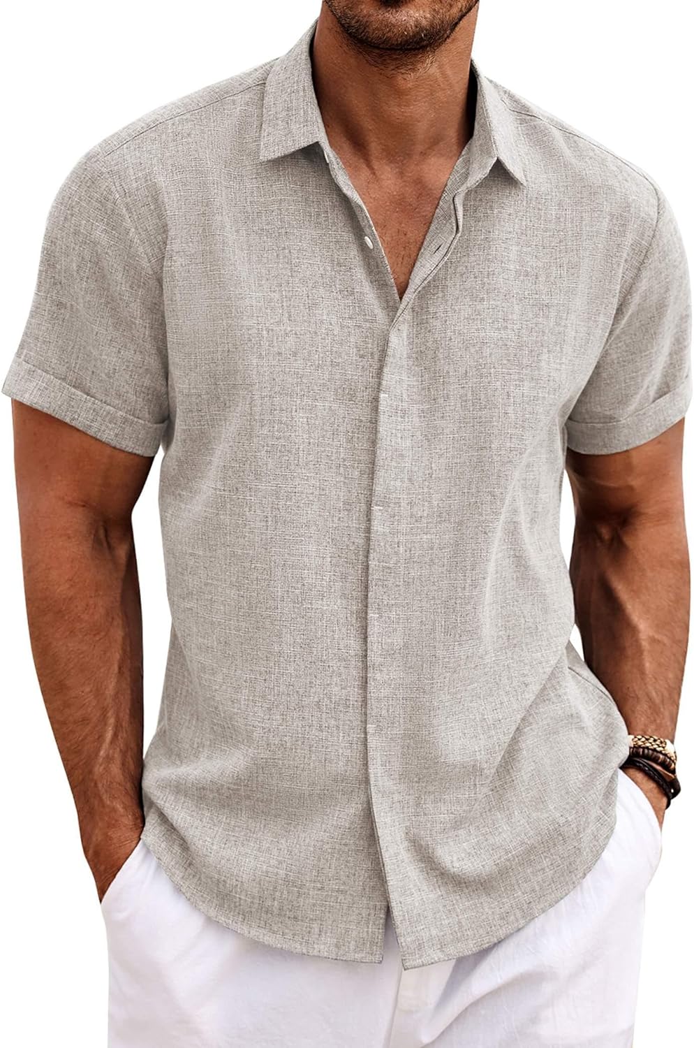 Men's Casual Button down Linen Shirt - Short Sleeve