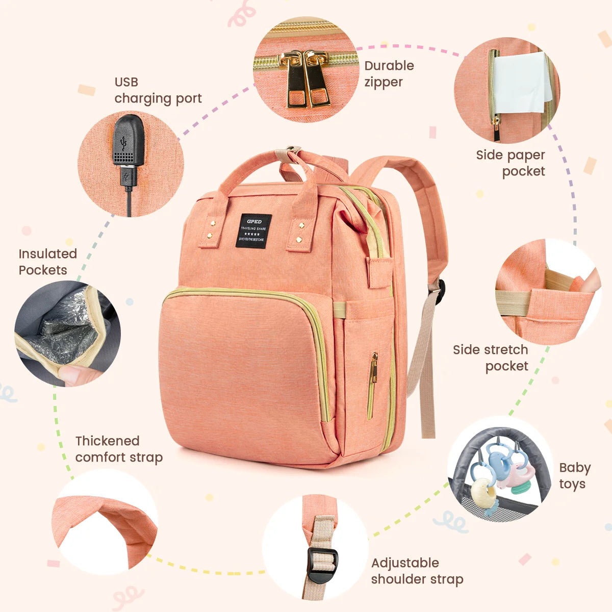 Multifunctional Baby Diaper Bag with Changing Station & Foldable Crib