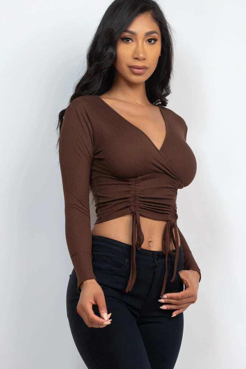 Ribbed Drawstring Long Sleeve Crop Top