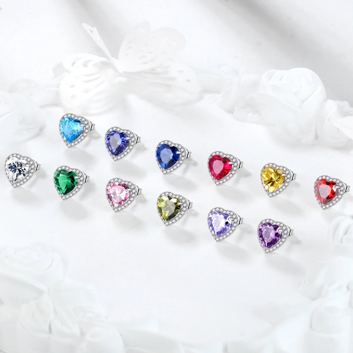 Women's Sterling Silver Birthstone Heart Stud Earrings