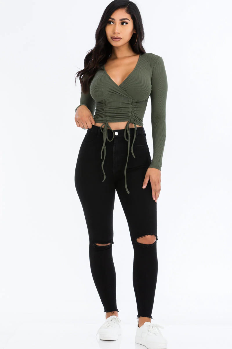 Ribbed Drawstring Long Sleeve Crop Top