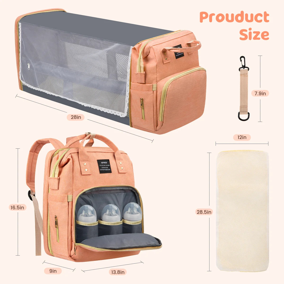 Multifunctional Baby Diaper Bag with Changing Station & Foldable Crib