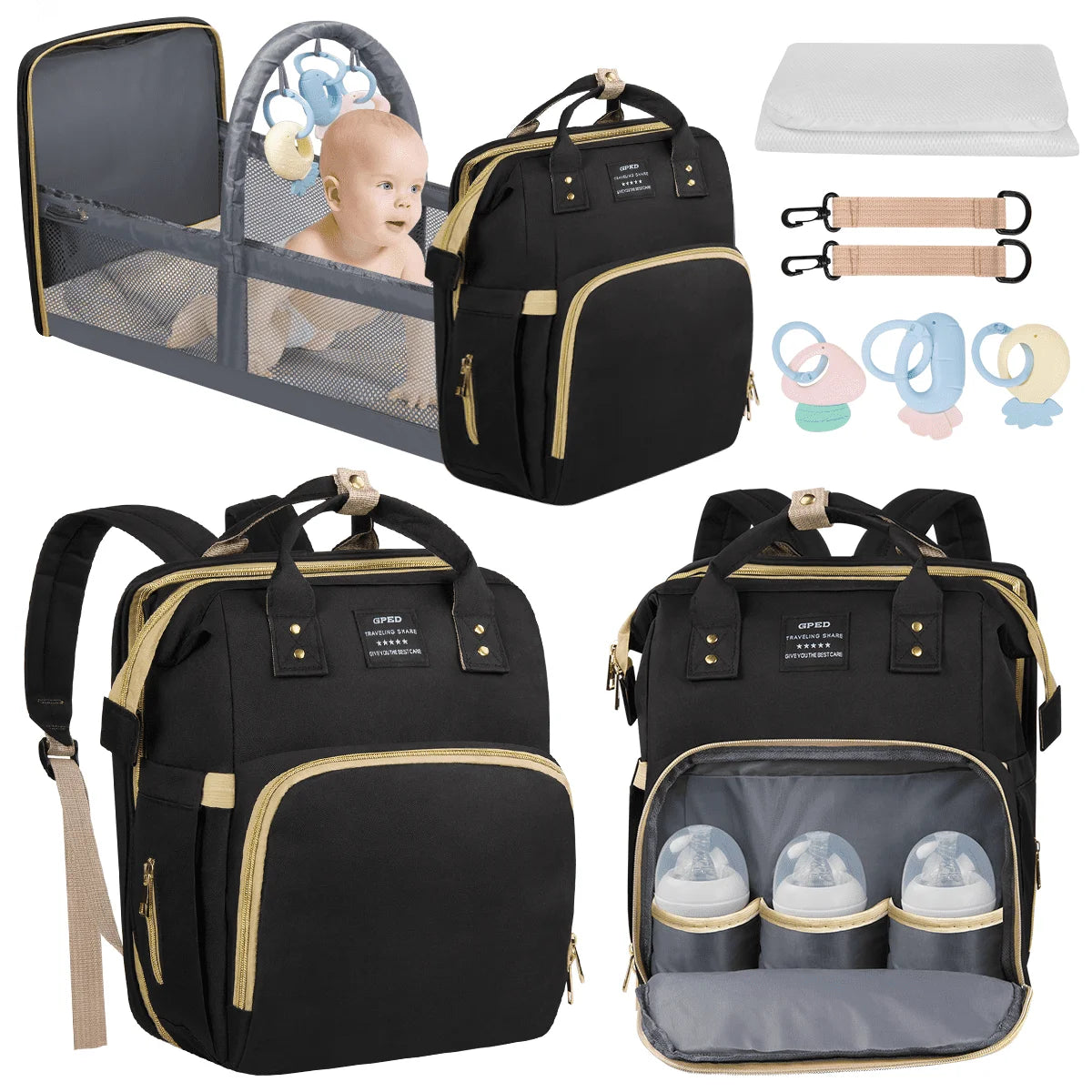 Multifunctional Baby Diaper Bag with Changing Station & Foldable Crib