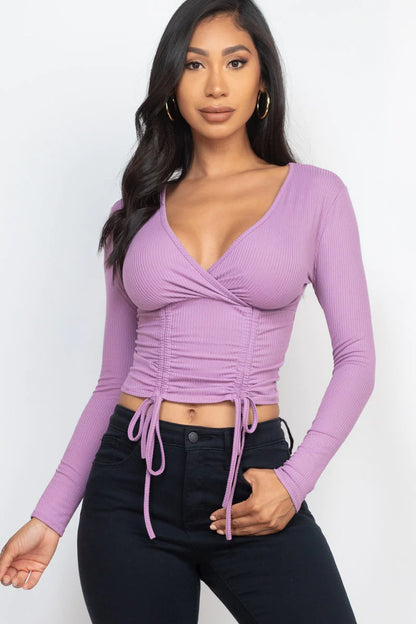 Ribbed Drawstring Long Sleeve Crop Top 