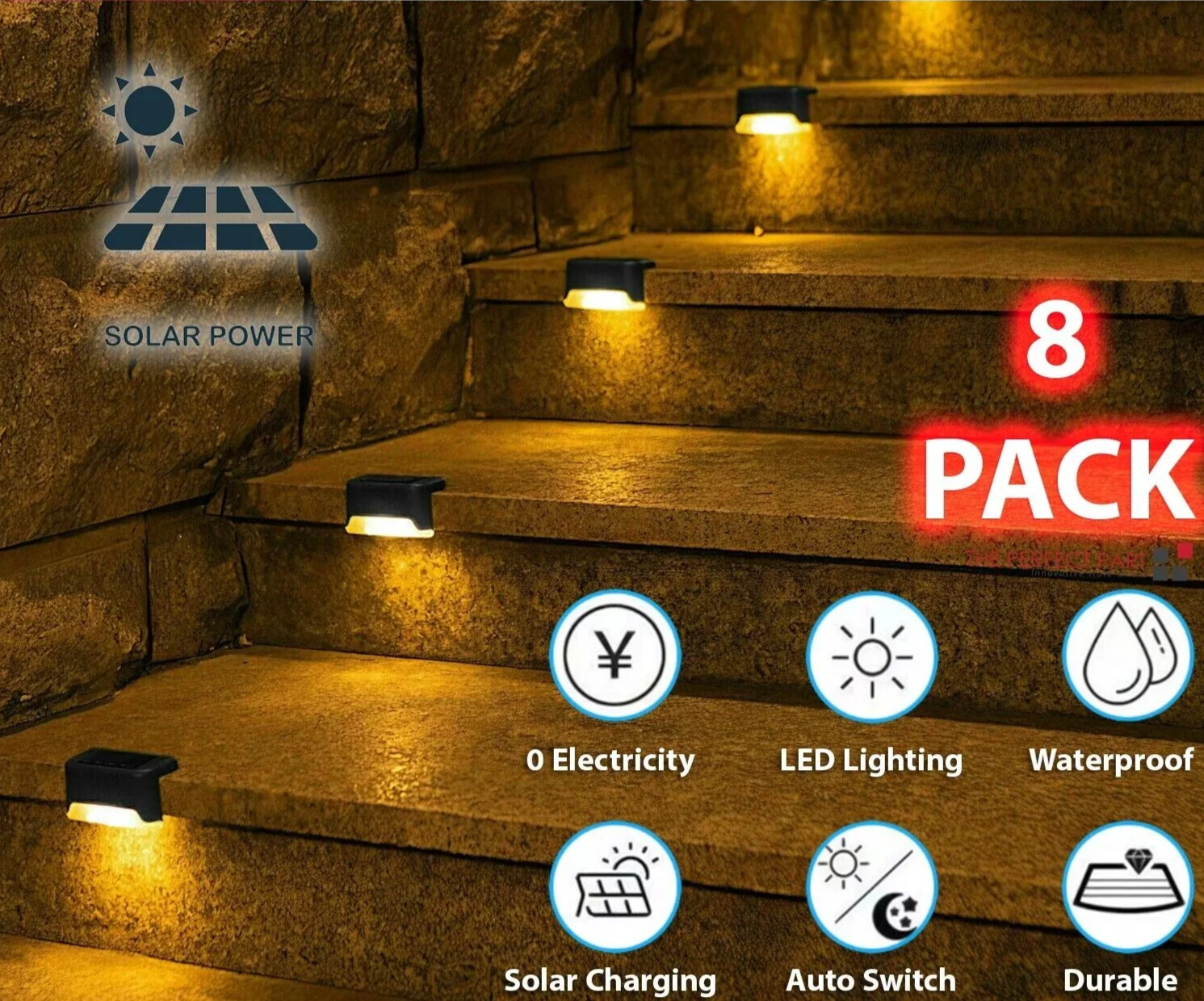 Waterproof LED Solar Power Step Lights - 8 Pack