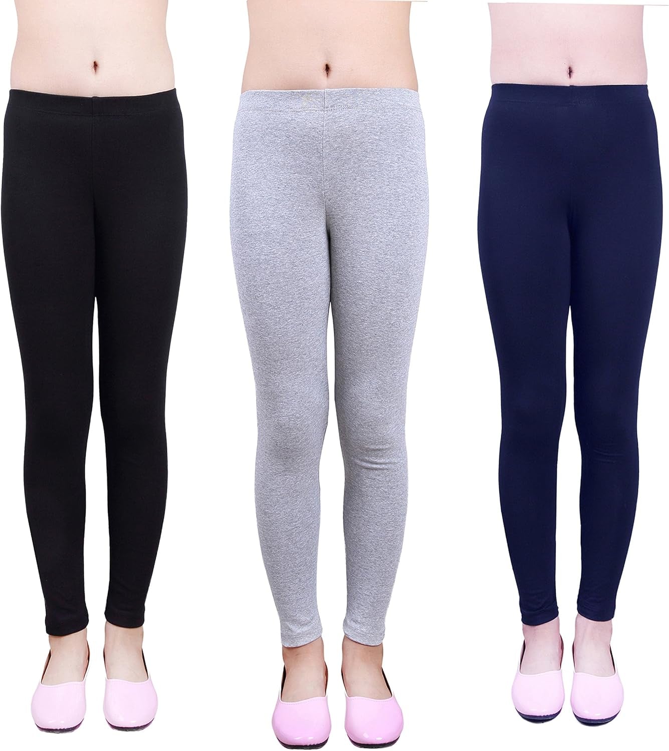 Girl's Cotton Solid Leggings - 3 Pack