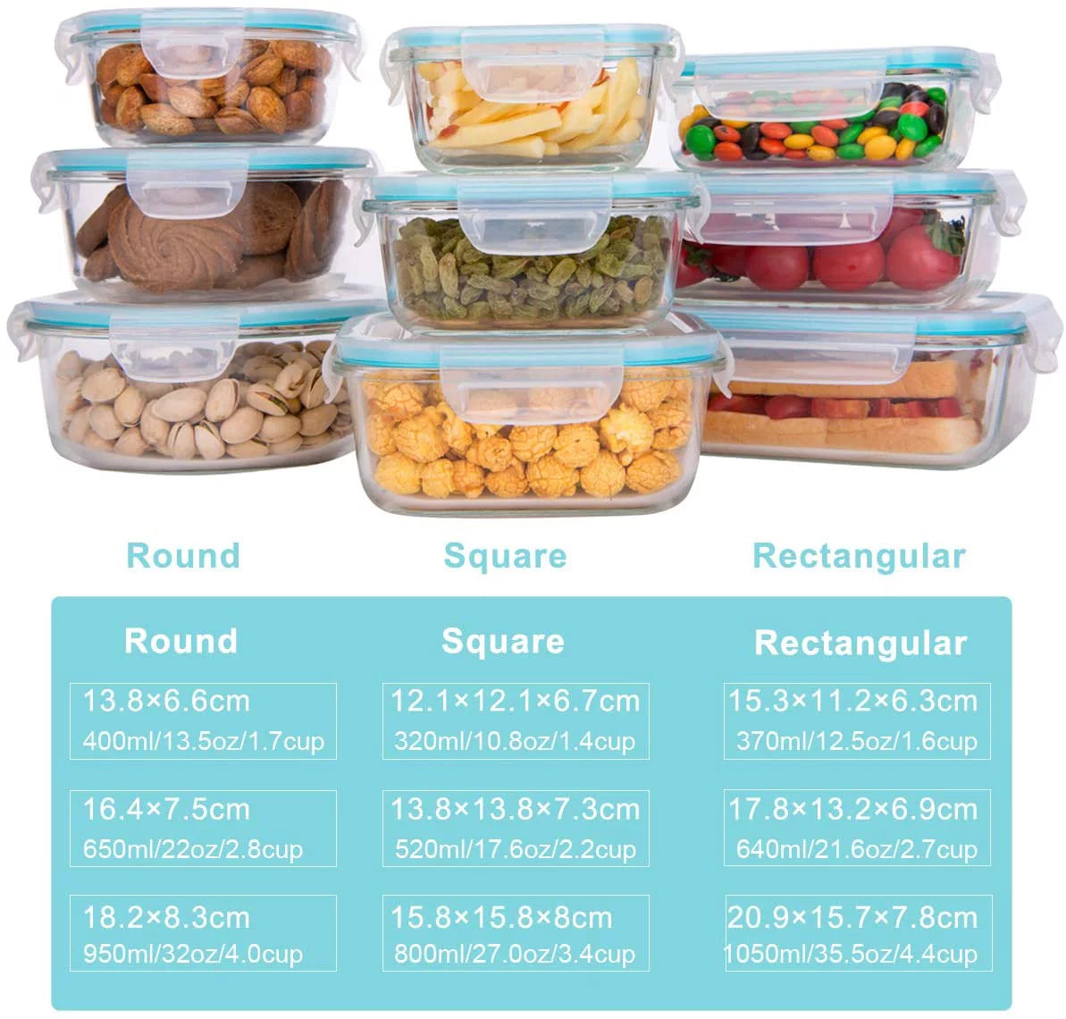 Glass Food Storage Containers with Lids - 9 Lids & 9 Containers