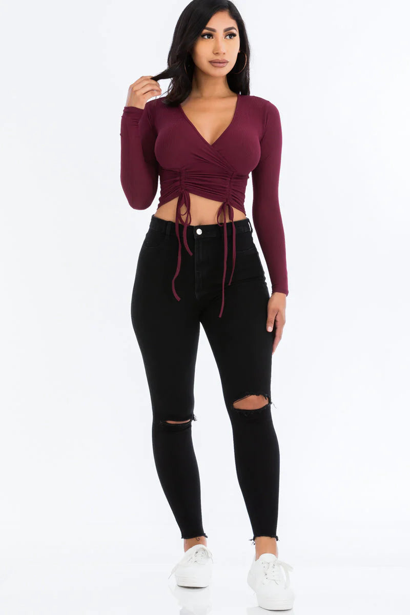 Ribbed Drawstring Long Sleeve Crop Top 