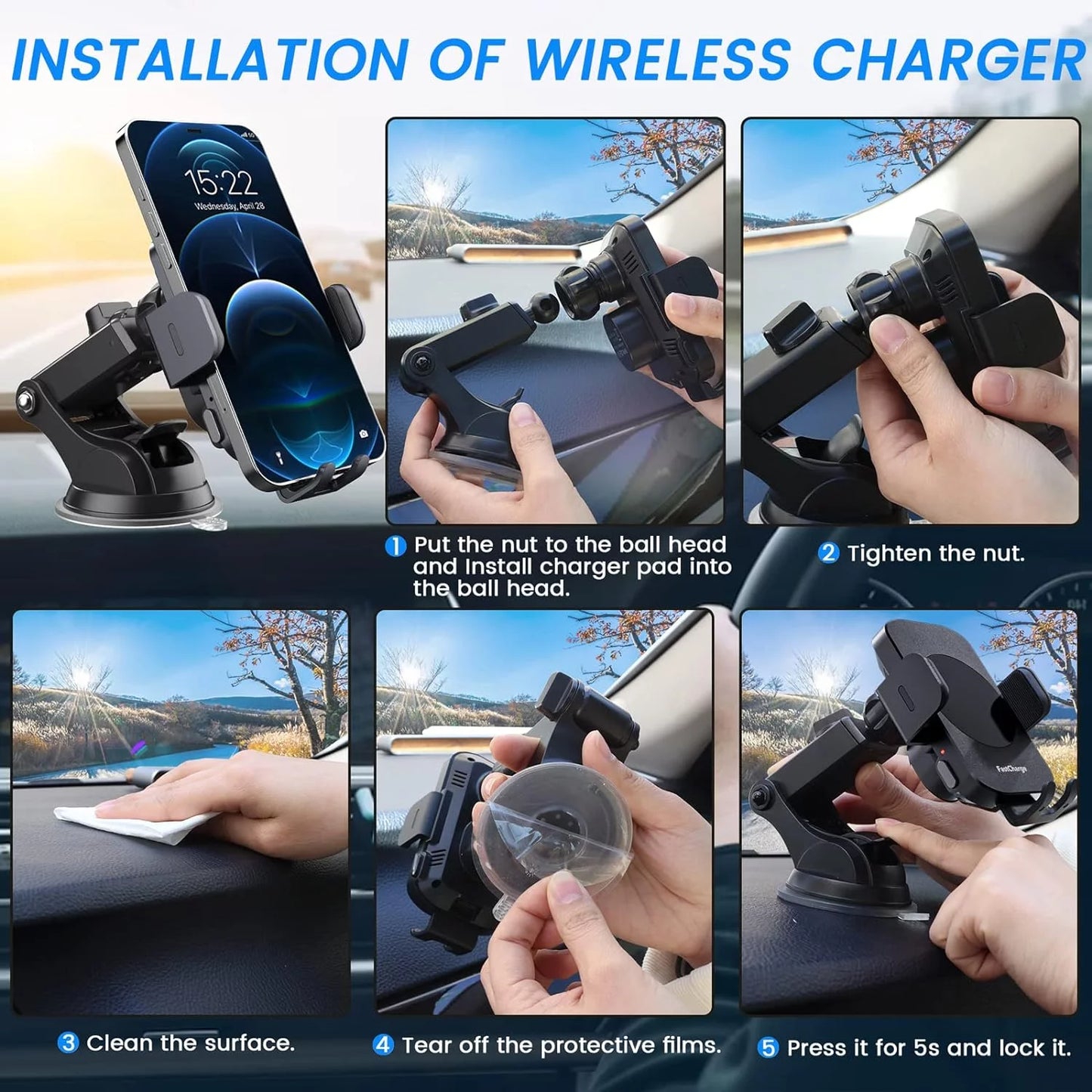 Wireless Car Charger Phone Mount - Black