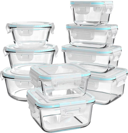 Glass Food Storage Containers with Lids - 9 Lids & 9 Containers