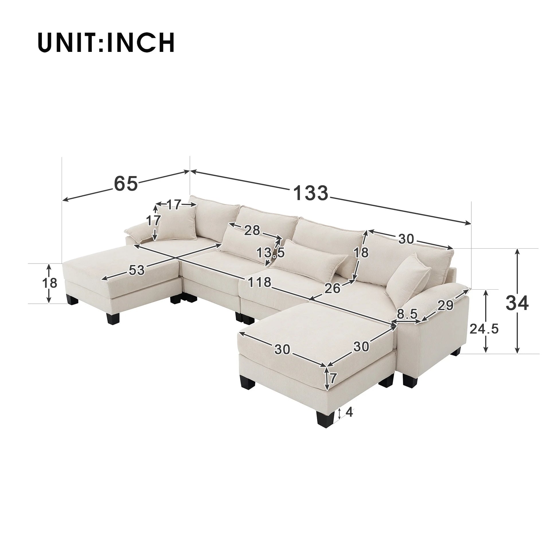 133"  Modular Sectional Sofa 