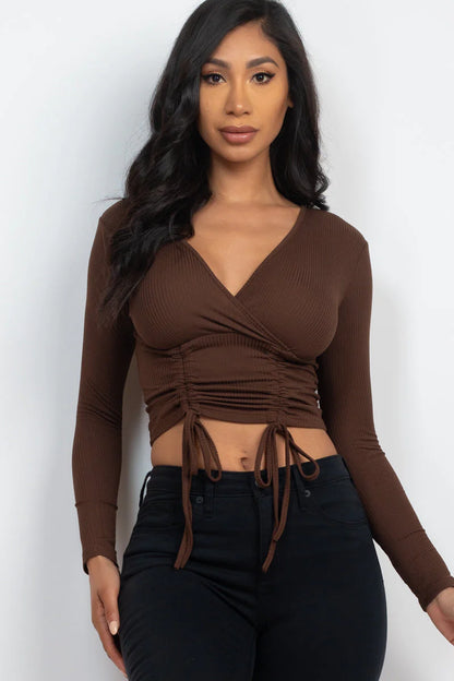 Ribbed Drawstring Long Sleeve Crop Top 