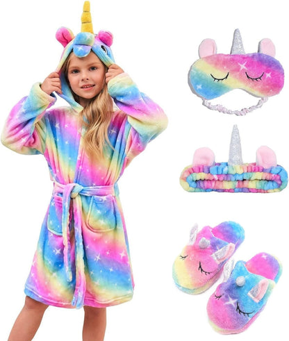 Girl's Soft Unicorn Hooded Robe with Matching Slippers, Headband and Blindfold