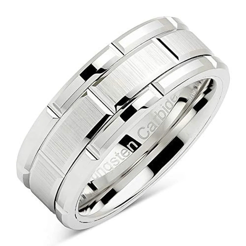 Men's Tungsten Rings White Gold Brick Pattern & Rhodium Plated