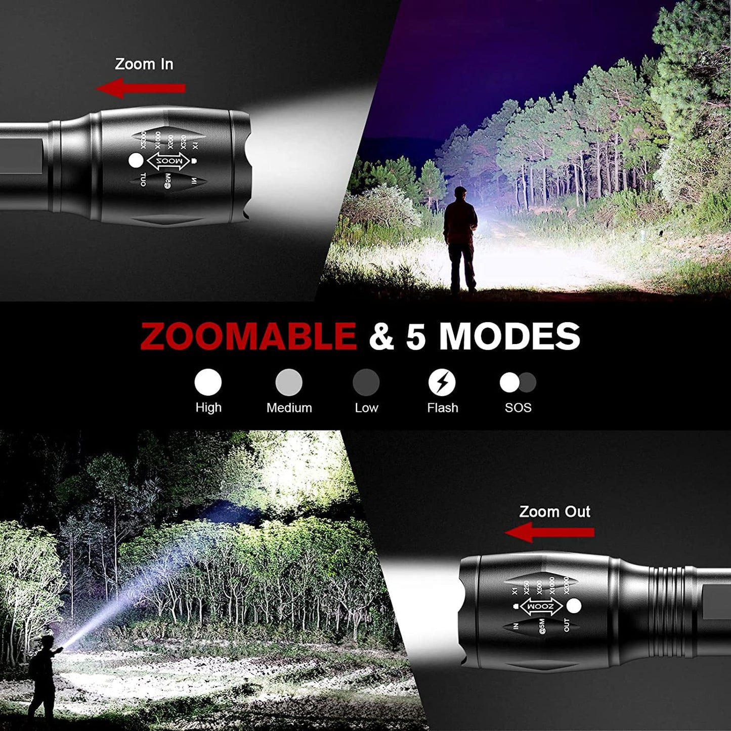 Zoomable LED Tactical Flashlights (Battery Not Included) - 2 Pack