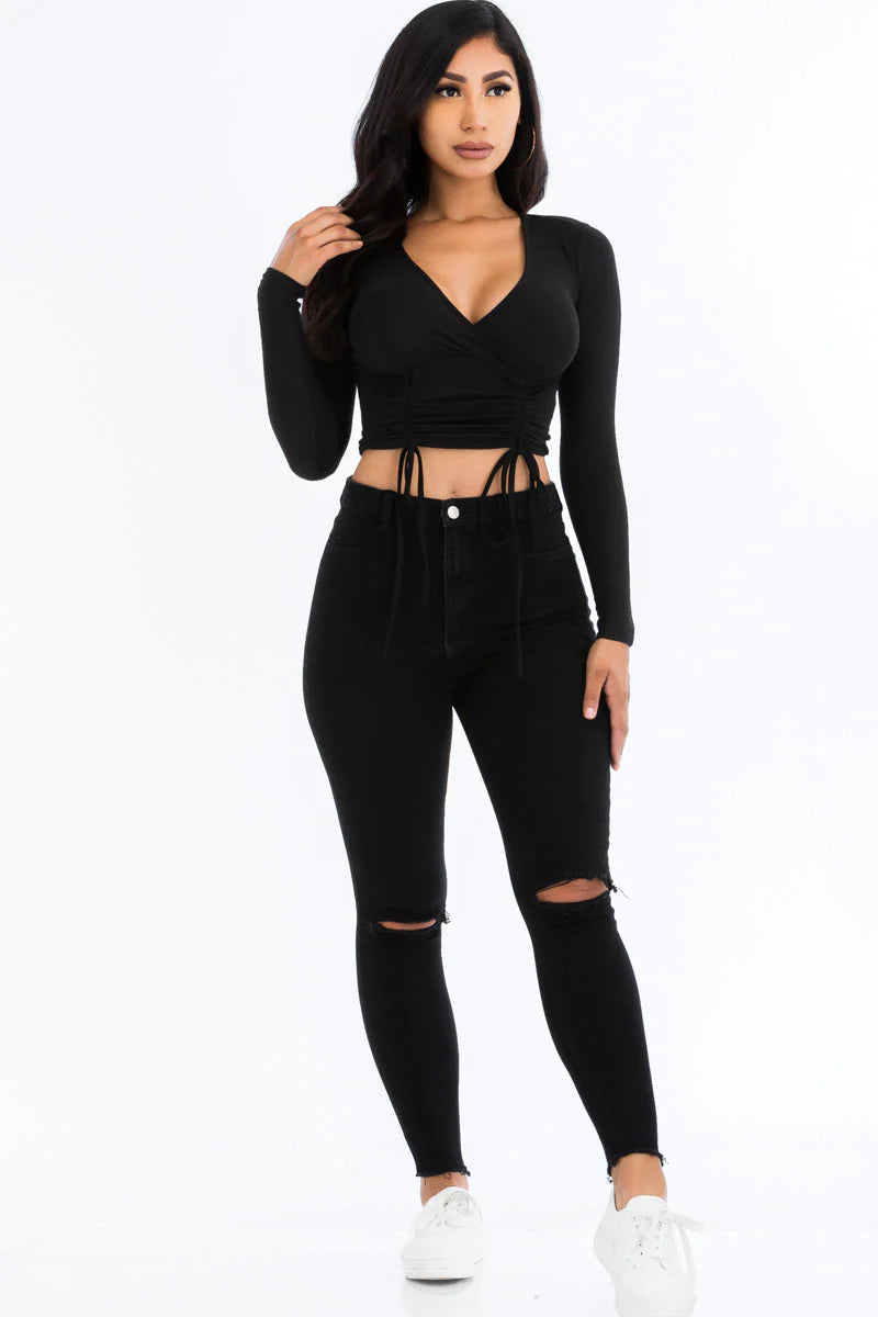 Ribbed Drawstring Long Sleeve Crop Top 