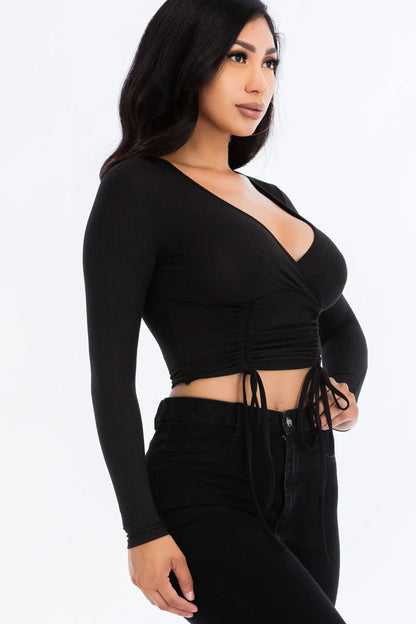 Ribbed Drawstring Long Sleeve Crop Top 