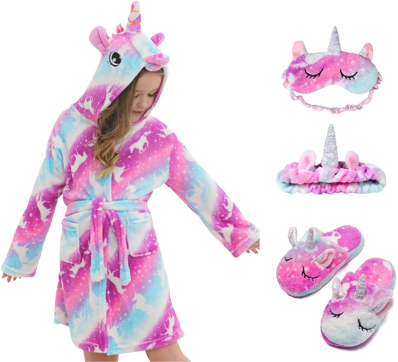 Girl's Soft Unicorn Hooded Robe with Matching Slippers, Headband and Blindfold