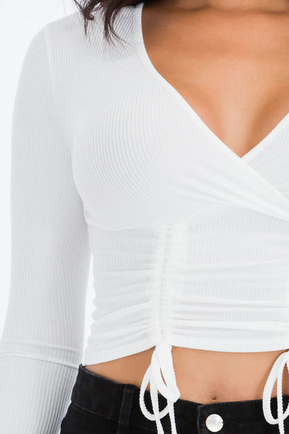 Ribbed Drawstring Long Sleeve Crop Top 