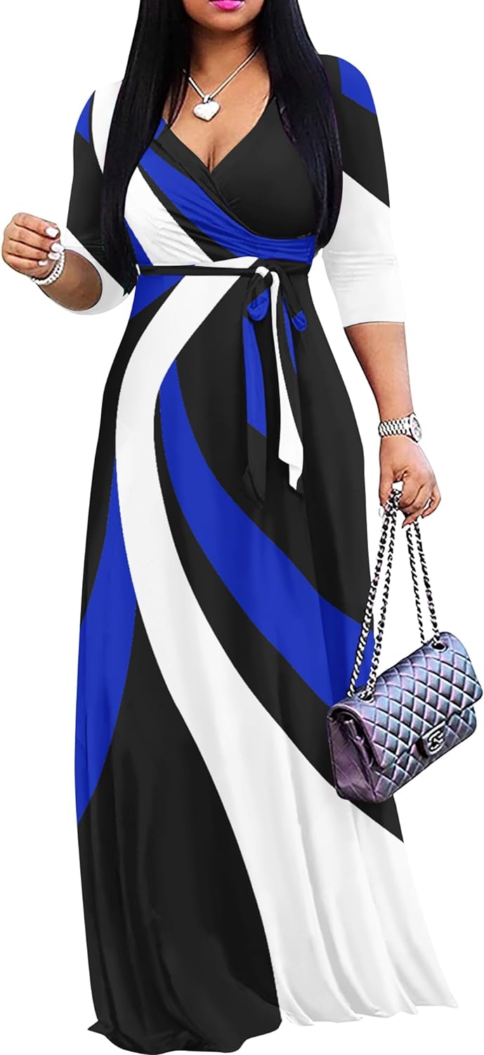 Women's Casual Summer Maxi Dress with V-Neck and 3/4 Sleeves