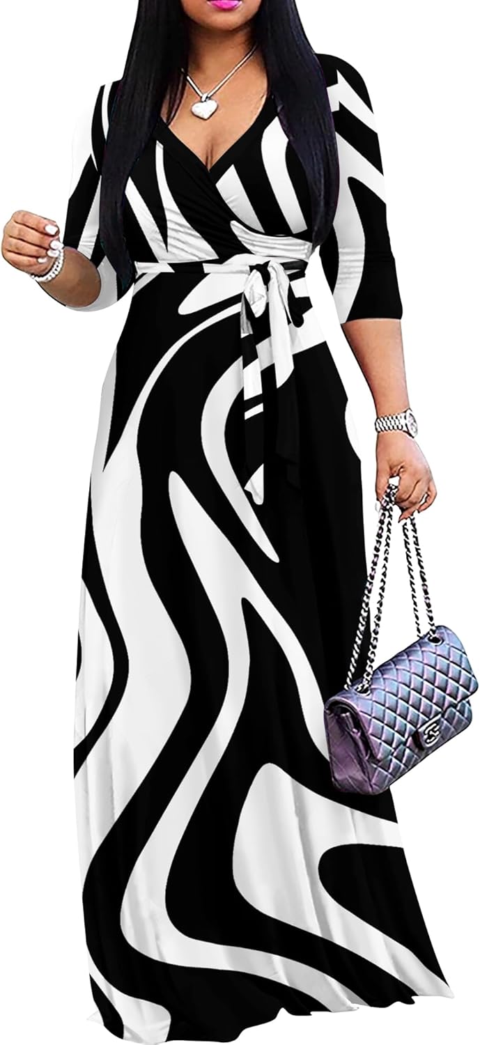 Women's Casual Summer Maxi Dress with V-Neck and 3/4 Sleeves