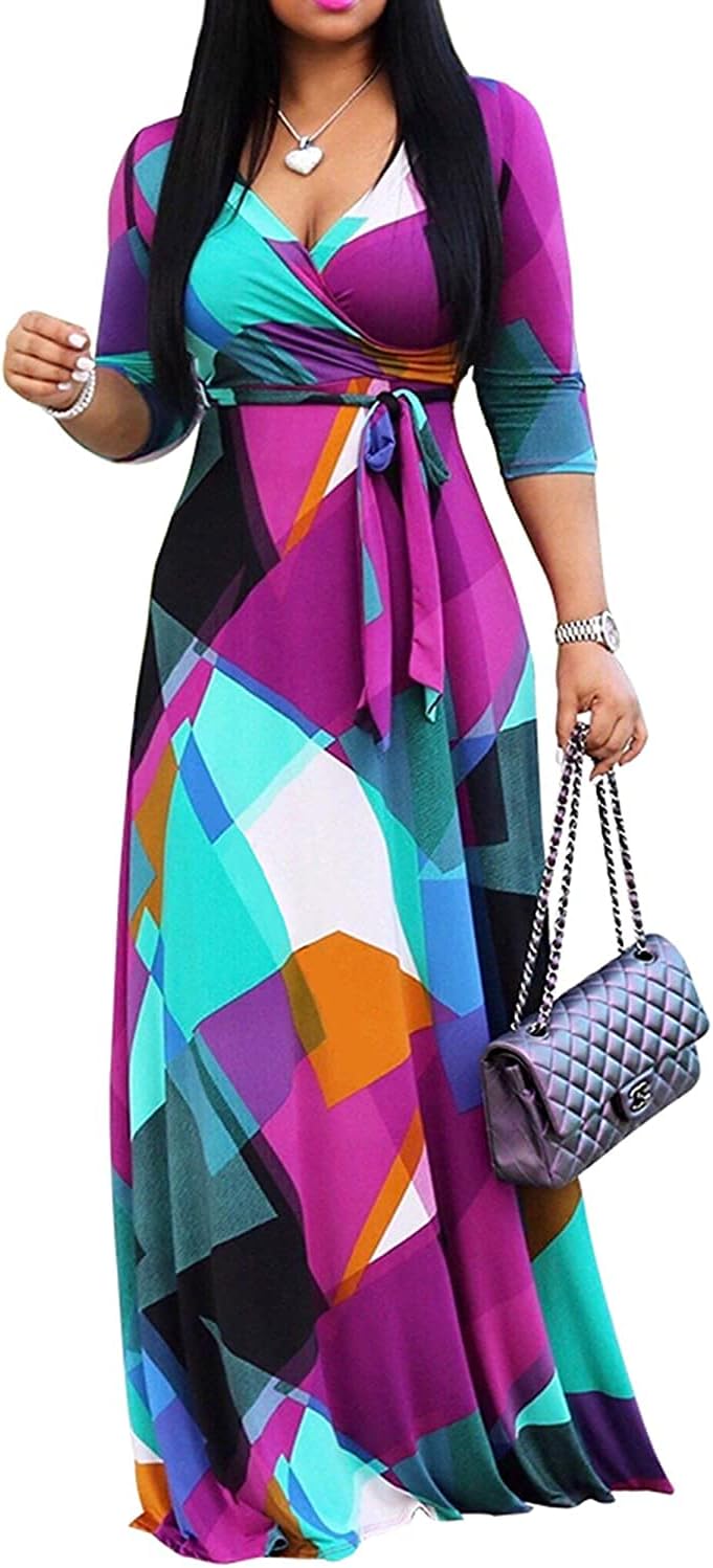 Women's Casual Summer Maxi Dress with V-Neck and 3/4 Sleeves