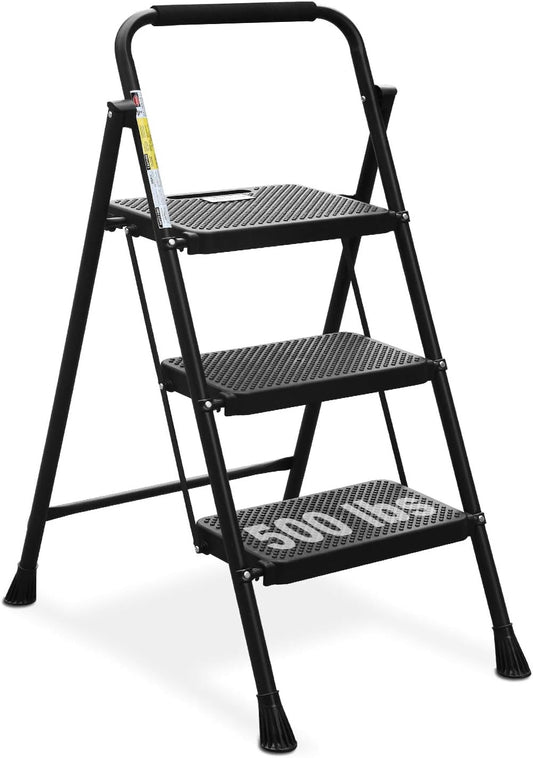 Folding 3 Step Steel Ladder with Wide Anti-Slip Pedal