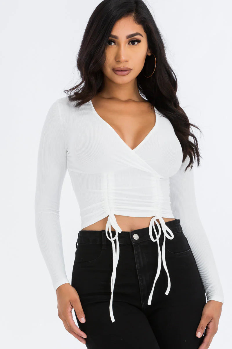 Ribbed Drawstring Long Sleeve Crop Top 