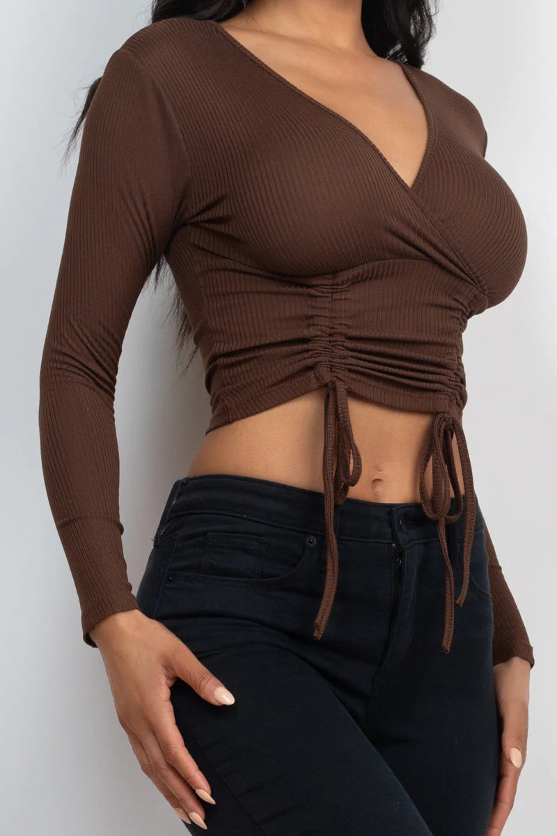 Ribbed Drawstring Long Sleeve Crop Top 