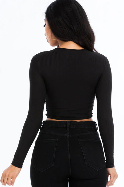 Ribbed Drawstring Long Sleeve Crop Top 