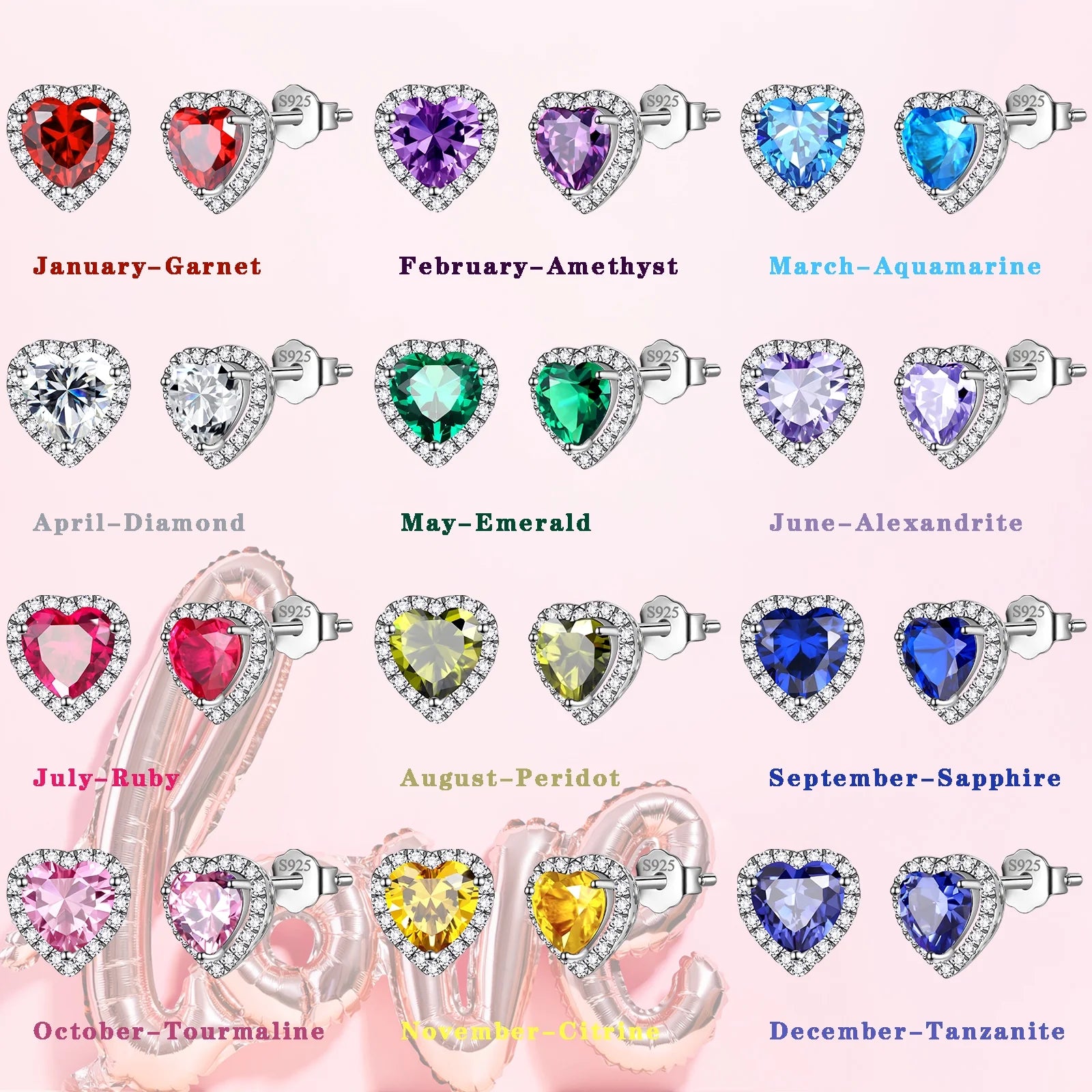 Women's Sterling Silver Birthstone Heart Stud Earrings