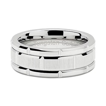 Men's Tungsten Rings White Gold Brick Pattern & Rhodium Plated