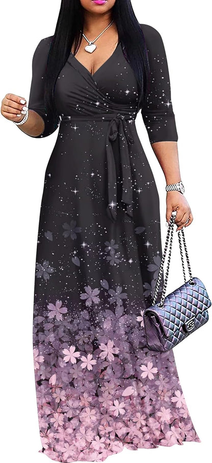 Women's Casual Summer Maxi Dress with V-Neck and 3/4 Sleeves