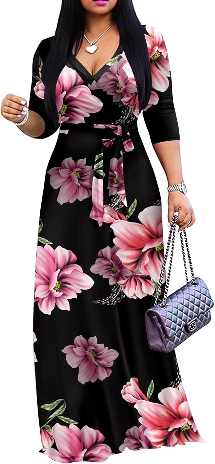 Women's Casual Summer Maxi Dress with V-Neck and 3/4 Sleeves