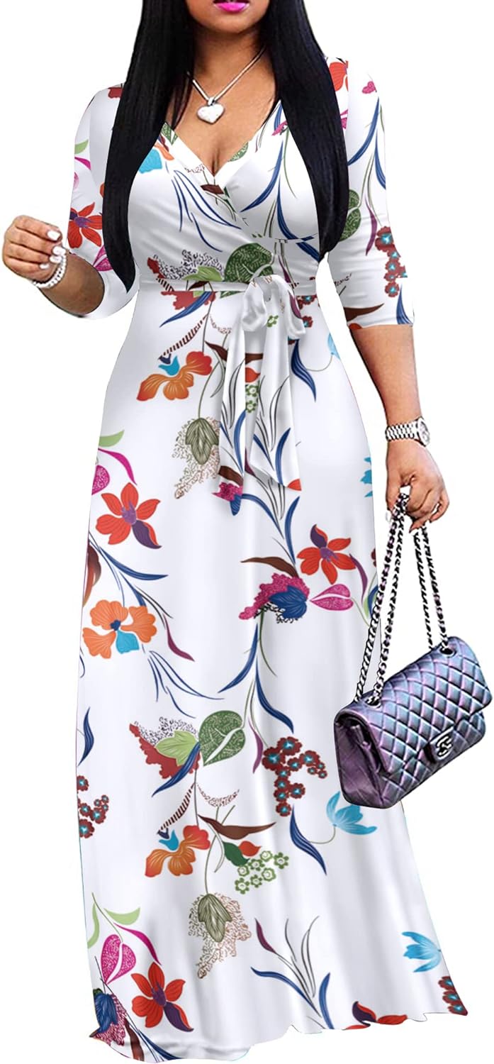 Women's Casual Summer Maxi Dress with V-Neck and 3/4 Sleeves