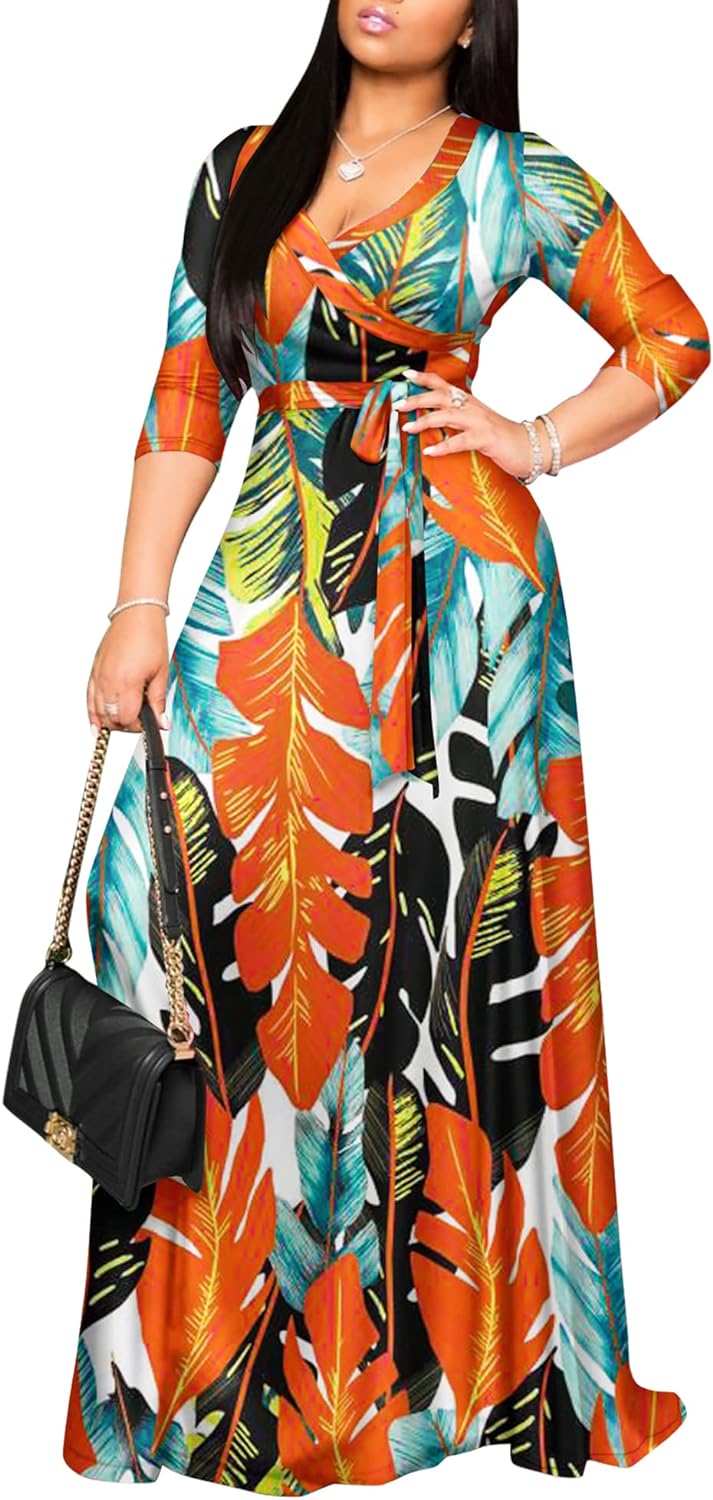 Women's Casual Summer Maxi Dress with V-Neck and 3/4 Sleeves