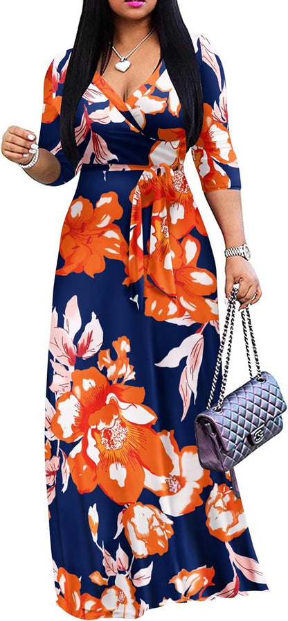 Women's Casual Summer Maxi Dress with V-Neck and 3/4 Sleeves