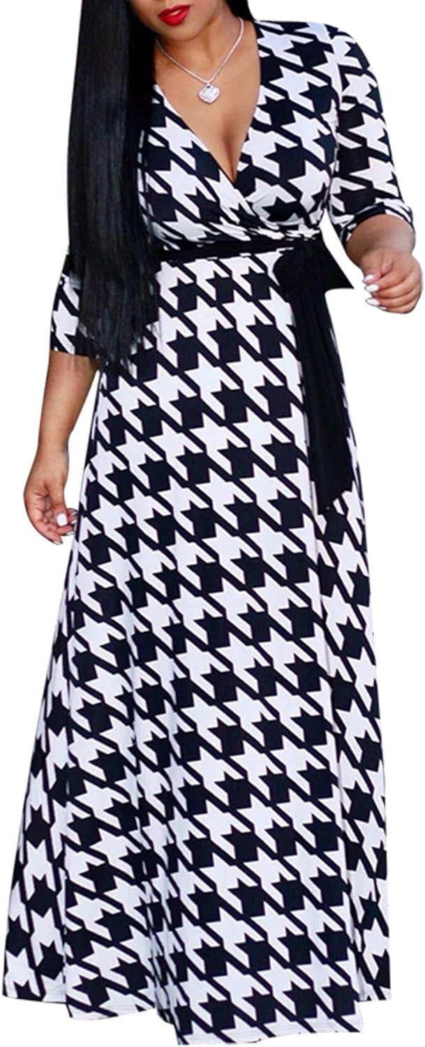 Women's Casual Summer Maxi Dress with V-Neck and 3/4 Sleeves