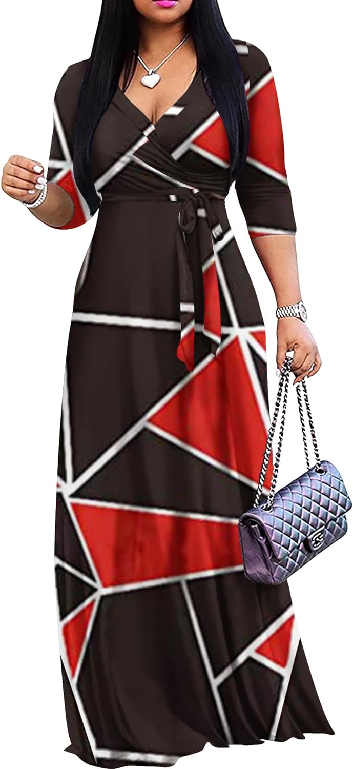 Women's Casual Summer Maxi Dress with V-Neck and 3/4 Sleeves